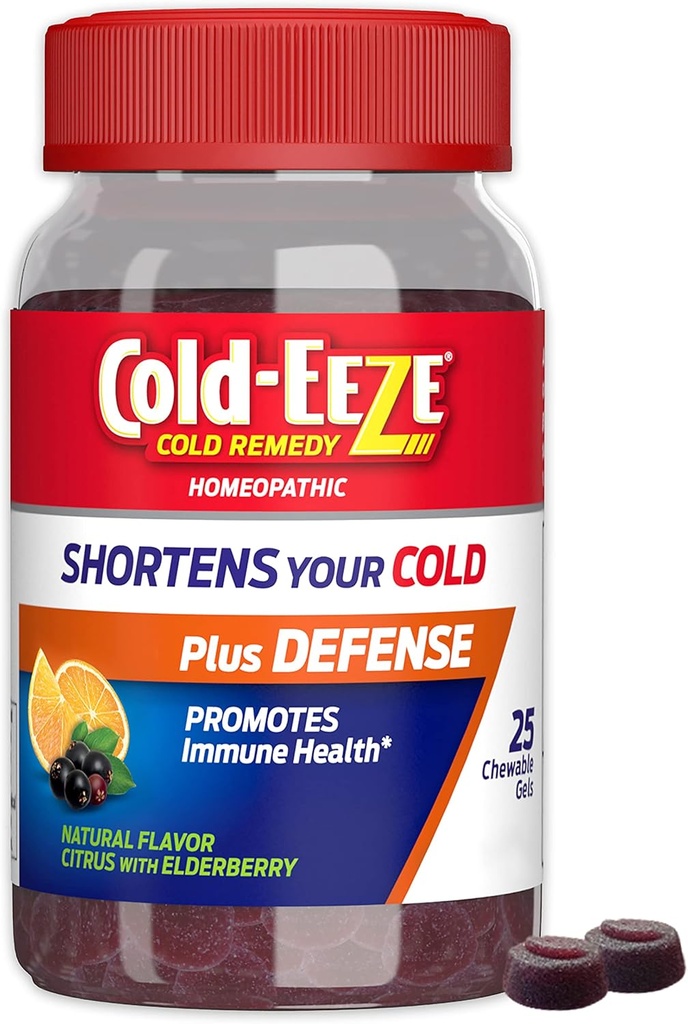 Cold-EEZE Plus Defense Natural Citrus & Elderberry Zinok Žuvacie gély, Homeopatické studené Remedy, skratuje bežné studené príznaky, podporuje imunitné zdravie s Sambucus Nigra, Echinacea & Rose Hips, 25 Ct