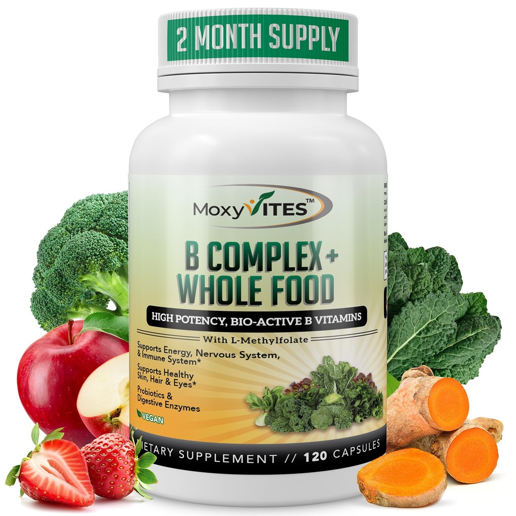MoxyVites Vitamín B Complex - B Vitamíny Plné potravinové doplnky, B12 Metylkobalamín, B1, B2, B3, B5, B6, B7, B9 - pre stres, energiu a imunitnú podporu, Vegan, 120 kapsúl