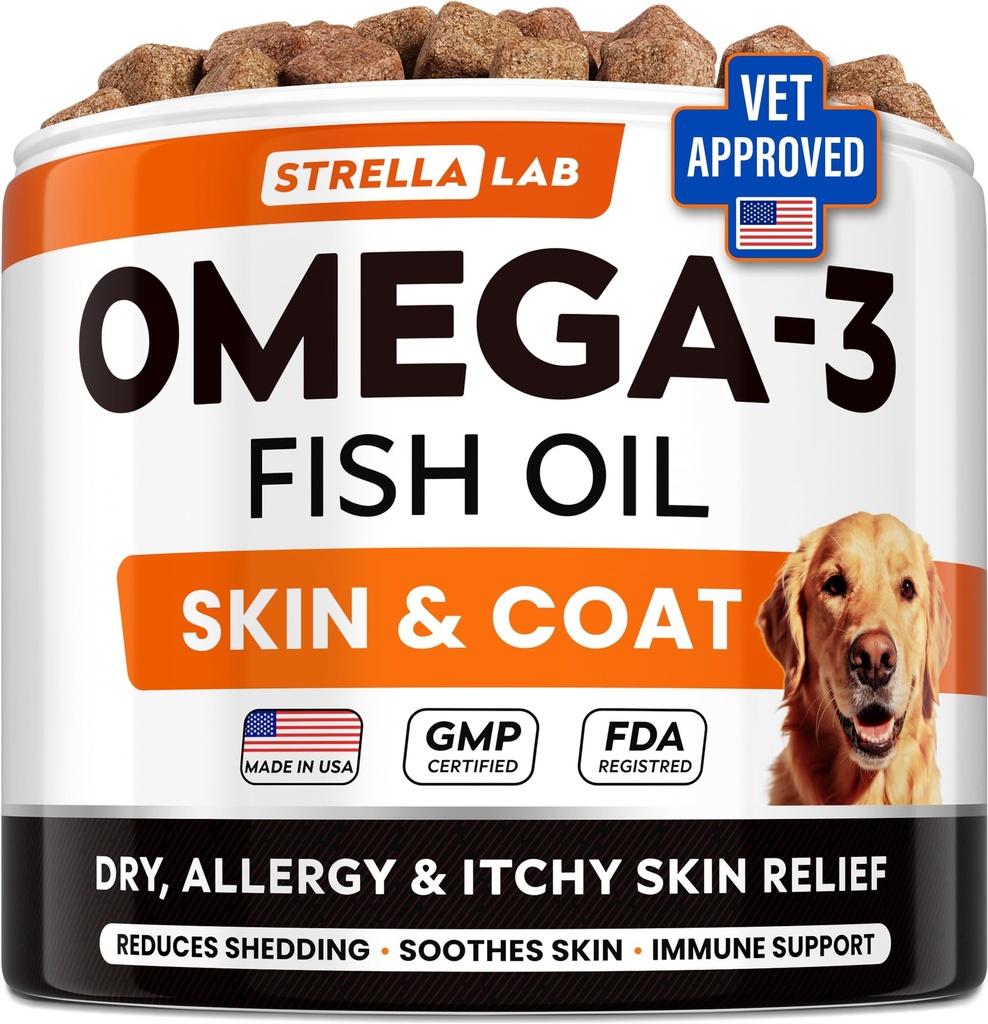StrellaLab Omega 3 pre psy - (180Ct) Rybí olej Ošetrenia - Alergia a svrbenie Relief Skin & Coat Supplement - Suchá svrbiaca koža, Anti Shedding & Hot Spots Liečba - Pet Salmon Oil Chews - Chicken Flavor