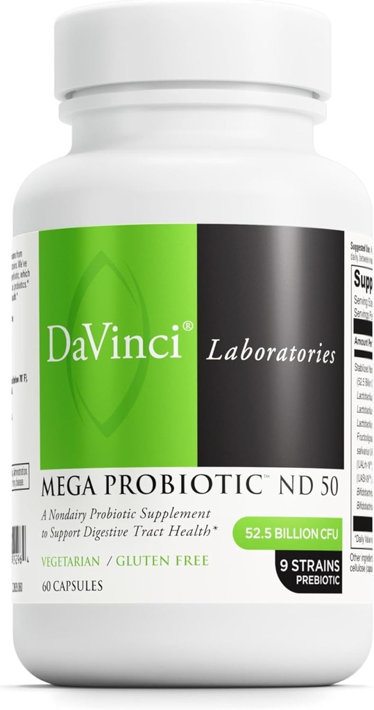 DAVINCI Labs Mega Probiotic ND 50 - Non-Dairy Probiotic Supplement with Prebiotic Fiber - Digestive & Immune Health Support* - Gut Support with Beneficial Baktérie* - 60 Vegetariánske kapsule