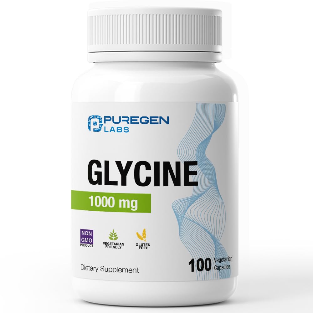 Puregen Labs Glycine 1000mg [Vysoká potencia] 100 Vegetariánska kapsula, Podporuje zdravý spánok 