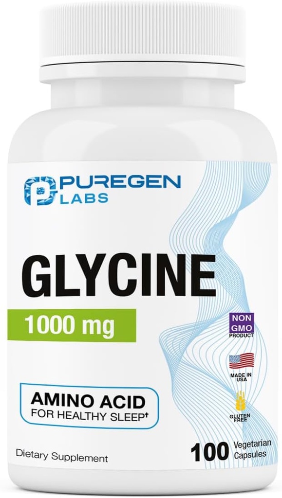 Puregen Labs Glycine 1000mg [Vysoká potencia] 100 Vegetariánska kapsula, Podporuje zdravý spánok 