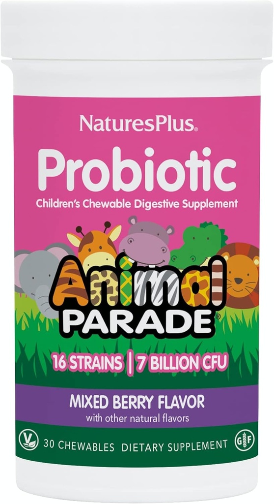 NaturesPlus Animal Parade Probiotic, Mixed Berry - 30 Chewables - Deti Digestion Supplement - Podporuje Gut Health & Immune Funkcia - Vegan, Gluten Free - 30 Služieb