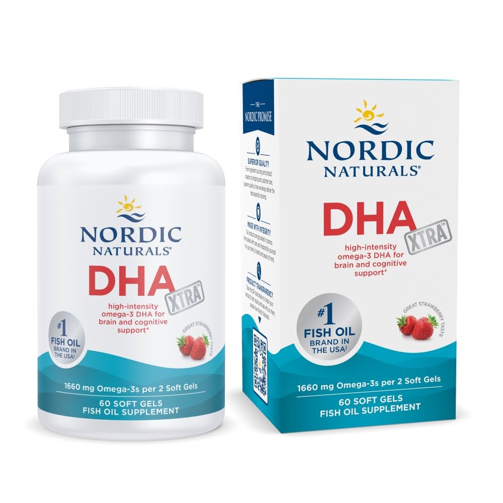 Nordic Naturals DHA Xtra, Strawberry - 60 Soft Gels - 1660 mg Omega-3 - High-Intensity DHA Formula pre mozog a nervový systém Podpora - Non-GMO - 30 Servings