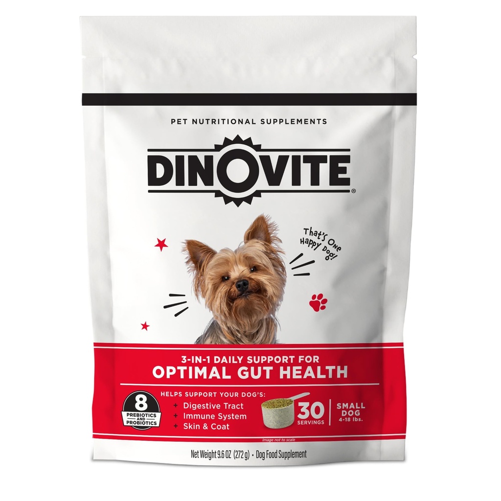 Dinovite 3 in 1 Probiotikum pre malé psy, kožu a kožu, tráviace zdravie a spoločné úľavy, Psie potraviny Toppers, Imunitná podpora, Alergická úľava a svrbenie Relief starostlivosť o pleť, 30 Serviv (1-18lb)