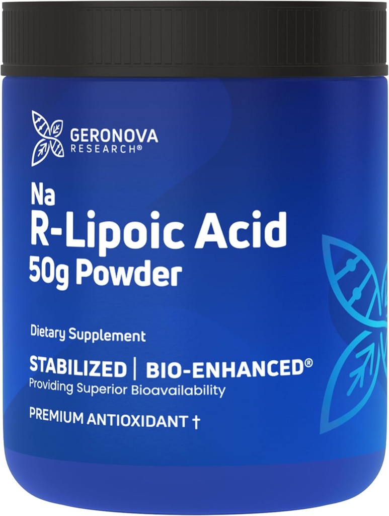 Geronova Research Bio-Enhanced Na R-Lipoic Acid Powder, 50g - 4 mesiace Zásoba - Stabilizovaný R Alpha Lipoic Acid Powder for Flexible Dávkovanie - Jednoduché miešanie a zvýšená absorpcia Nerve Suplement
