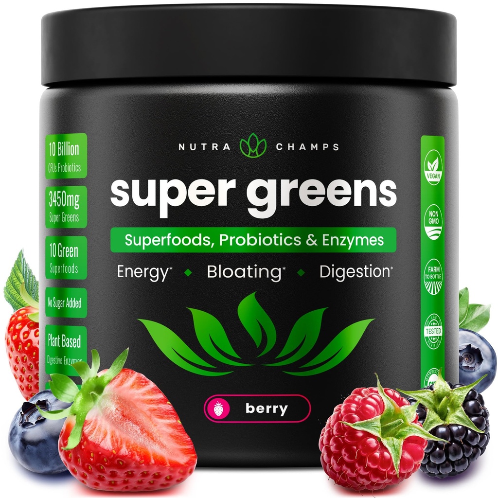 SuperGreens Powder, 40+ Organic Superfoods, Probiotiká & Enzymes for Energy, Digestion, Gut Health & Bloating 