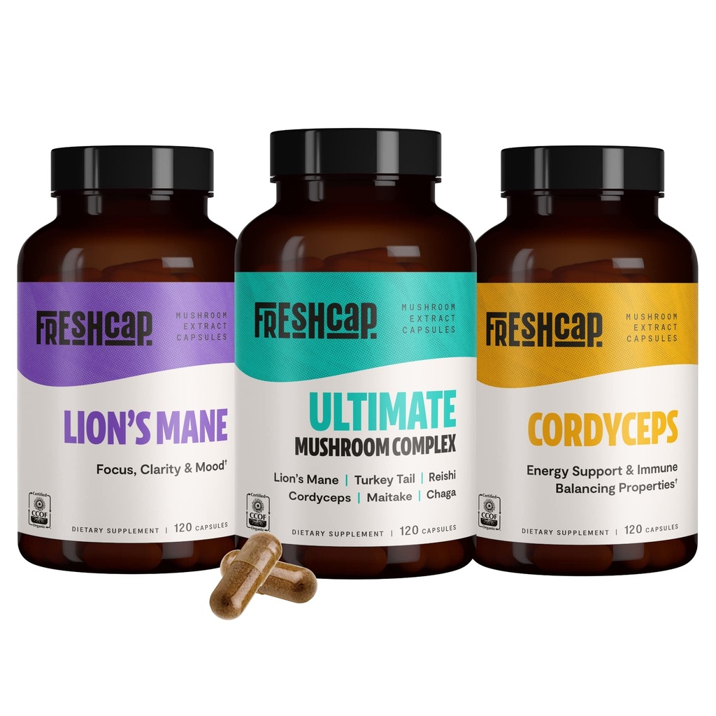 FreshCap Huby Populárne Huby Bundle, Kapsule (Lion Mane, Cordyceps, Ultimate Mushrom Complex) Kapsule
