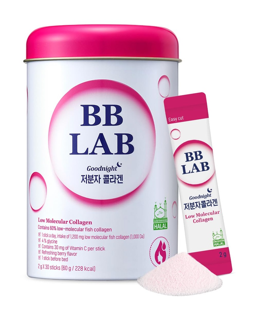 BB LAB Good Night Low Molecular Collagen Powder Stick Supplement, Halal Certified, Korean Marine Collagen, Fish Collagen Peptides, Vitamín C, Glycín, rýchla absorpcia, Mix Berry Flavor