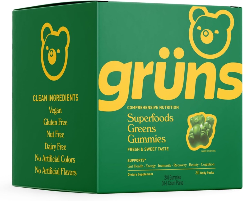 Gruns Super Greens Gummy Bears - Organic Spirulina a Chlorella, Prebiotiká pre trávne zdravie, 20+ Vitamíny a minerály - 30 vreciek - 240 Gummies