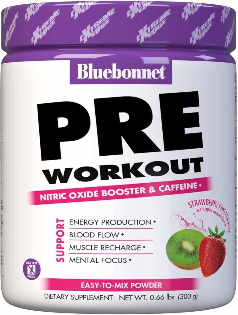 Bluebonnet Nutrition Extreme Edge pred tréningom, svalové nabíjanie Formula*, zvyšuje hladinu oxidu dusnatého*, bez sóje, bez mliečnych výrobkov, jahodový Kiwi, 30 Servírov, 10.56 Ounce