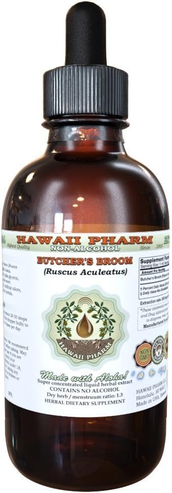 Mäsiarsky nealkoholický tekutý extrakt, organický mäsiarsky brojler (Ruscus aculeatus) sušený koreňový glycerit Hawaii Pharm prírodný bylinný doplnok 4 oz