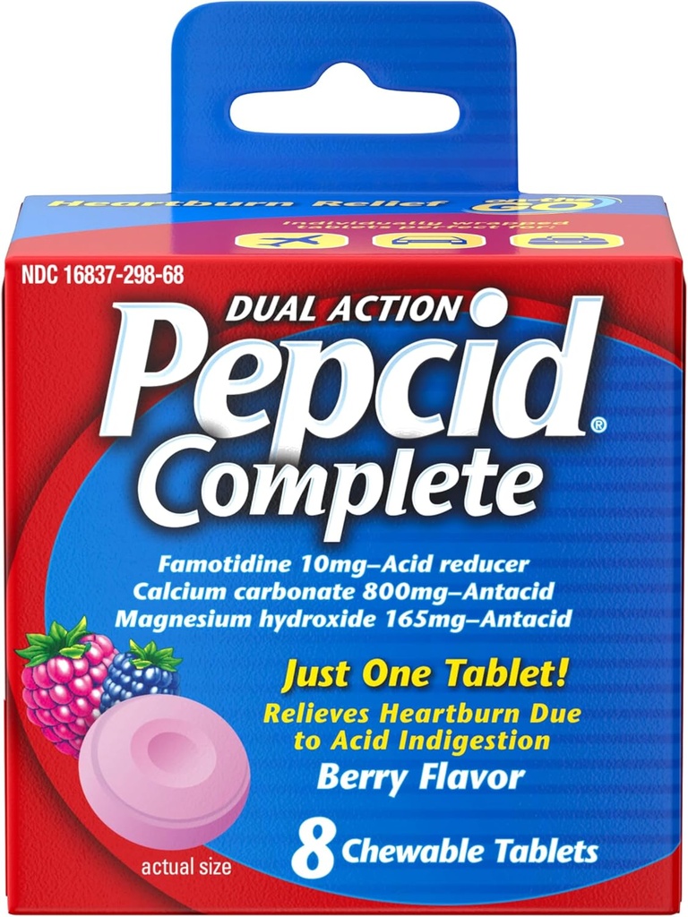 Pepcid Kompletná kyselina Redukcia + antacidum na reflux kyseliny, 10 mg famotidínu, 800 mg uhličitanu vápenatého a 165 mg hydroxidu horečnatého na tabletu na pálenie záhy