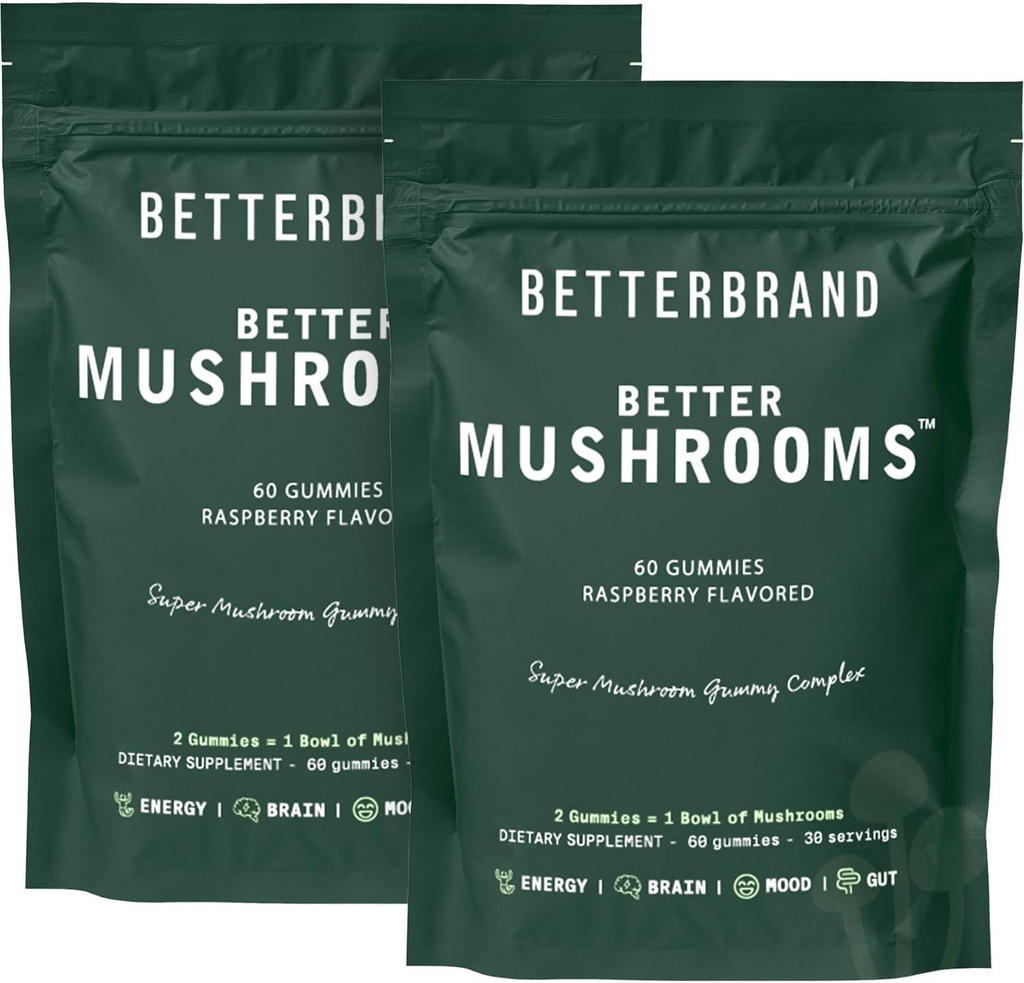 Betterbrand BetterMushrooms Nootropic Gummies - podporuje lepšie zdravie Gut, kognitívne funkcie, duševná jasnosť s 10 Funkčné huby - 60 Gumies - Malinová príchuť - Balenie 2