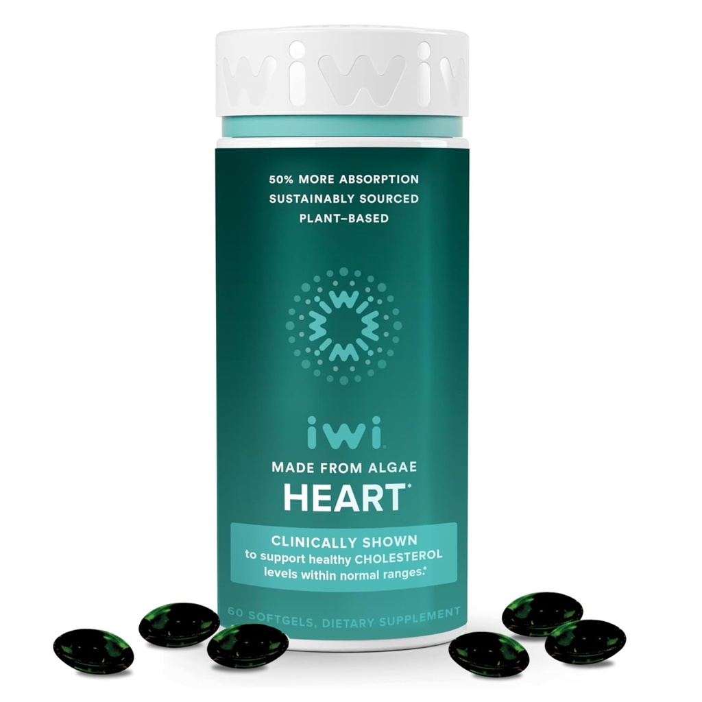 Iwi Life Heart Omega-3, 60 Softgels (30 Servings), Vegan Plant-Based Algae Omega Mastné kyseliny + EPA, Heart Health Support Dietary Supplement, Crill & Fish Oil Alternative, No Fishy Dochute