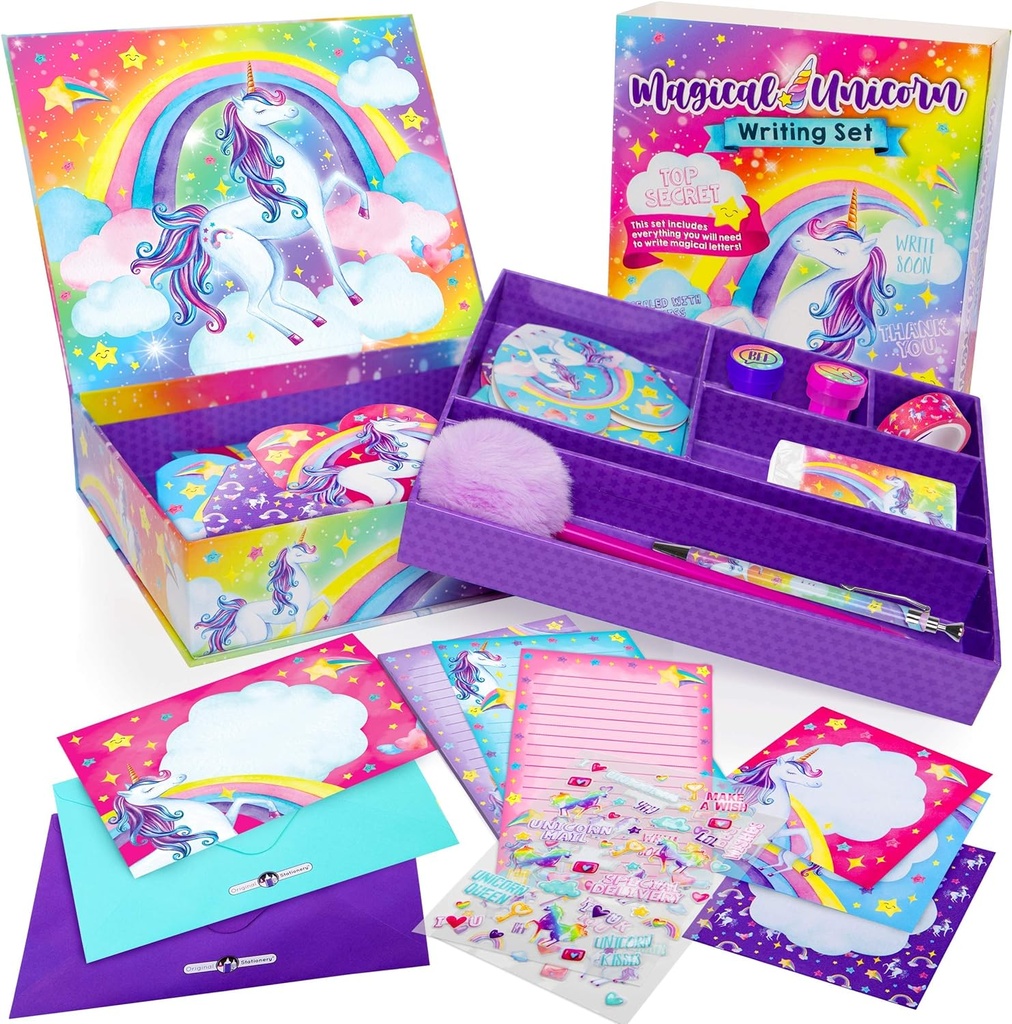 Originálne Stationery Unicorn Letter Písanie Kit - 45-Piece Multi-farebný papier a lepidlo Set s fialovým úložiskom - Stationery & Letter Paper pre dievčatá