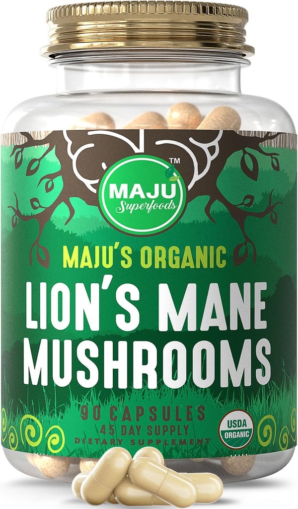 Maju Superfoods Organic Lions Mane Hubové kapsule 90ct, ovocné telá Parný extrakt, organické huby s extraktom z čiernej papriky, Hericium Erinaceus