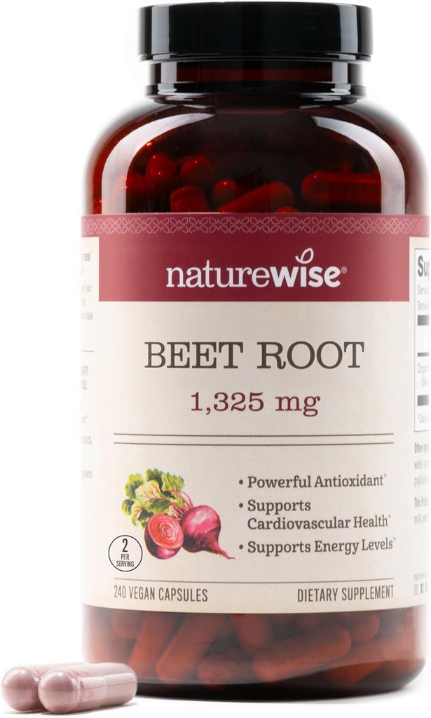 NatureWise Beet Root Kapsule 1325mg s organickou cviklou - Posilňovač oxidu dusnatého pre cirkuláciu a podporu zdravia srdca - Vegan, Gluten-free, non-GMO - 240 Kapsule [120 Day Supply]