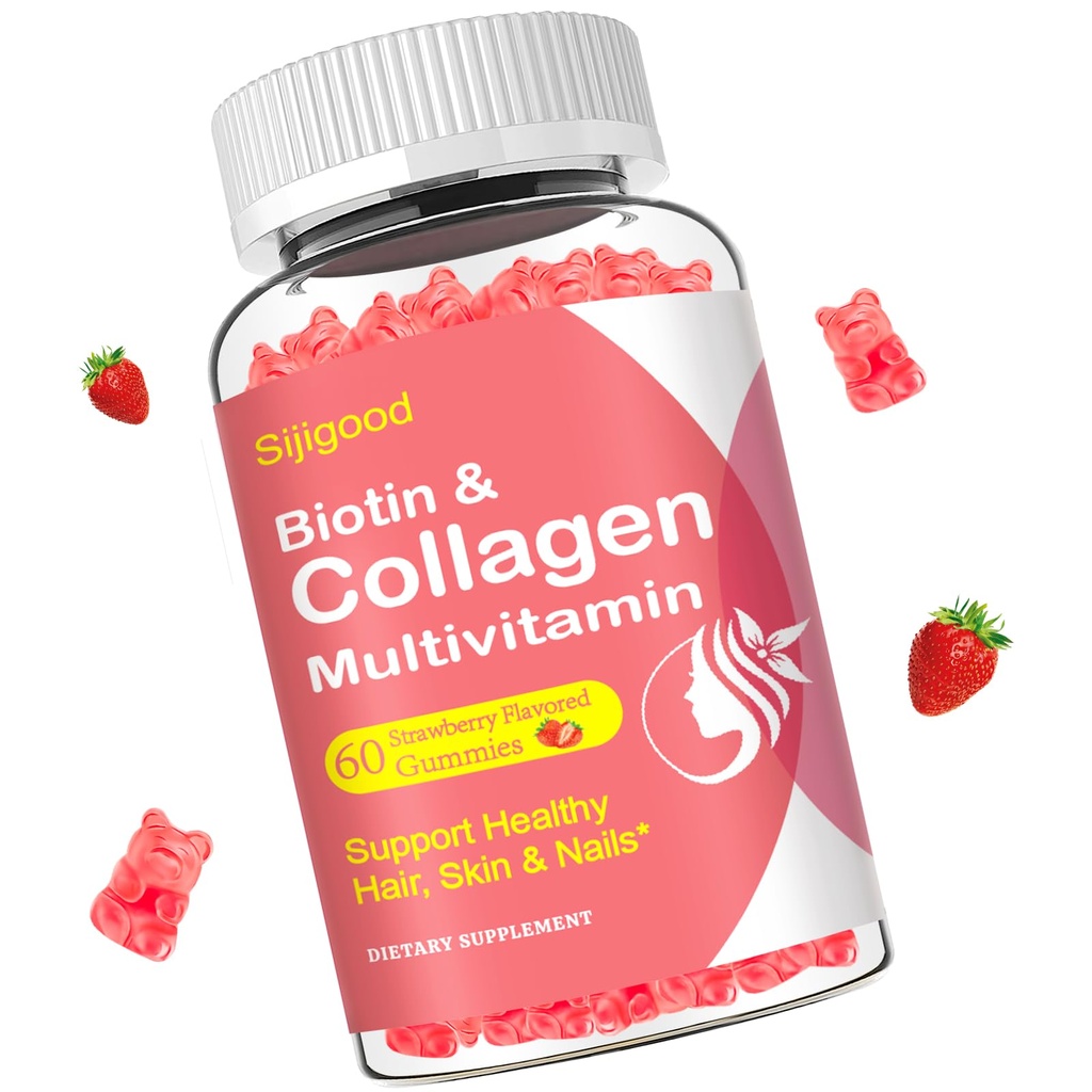Kolagén Gummy pre ženy Muži, ženy nad 50, Kolagén Peptidy Proteín typ I,II,III,V,X s biotínom Keratín Vitamín C A D E B12 K2 pre kožné nechty Imunita Energia 60 Jahodovo ochutené Gummy