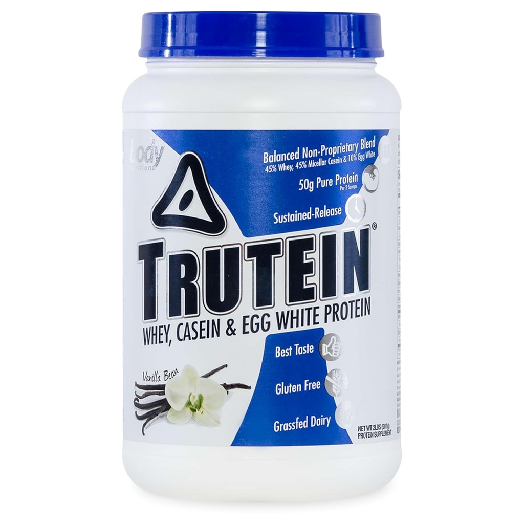 Powder Body Nutrition Trutein High Protein: 45% Srvátka, 45% Kazeín, 10% Vaječný biely proteín Shake Mix, Gluten-free, Low Sodík, Low Carb Protein Supplement Powder for Men & Ženy, Vanilla Bean, 2lb