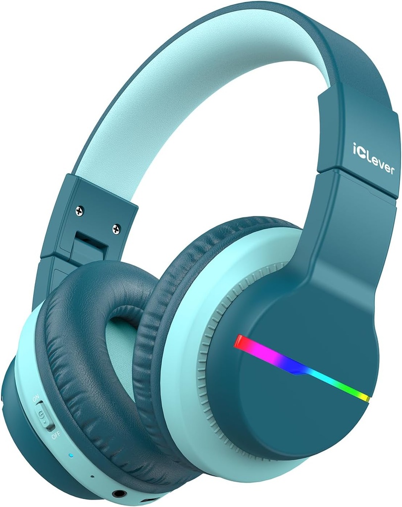 iClever BTH12 Deti Bluetooth slúchadlá,farebné LED svetlá Bezdrôtové deti slúchadlá,74/85dBA Bezpečný zväzok,85H Playtime,Bluetooth 5.2,Over Ear Headphones Vstavaný Mic pre iPad/Tablet/Airplane,Green