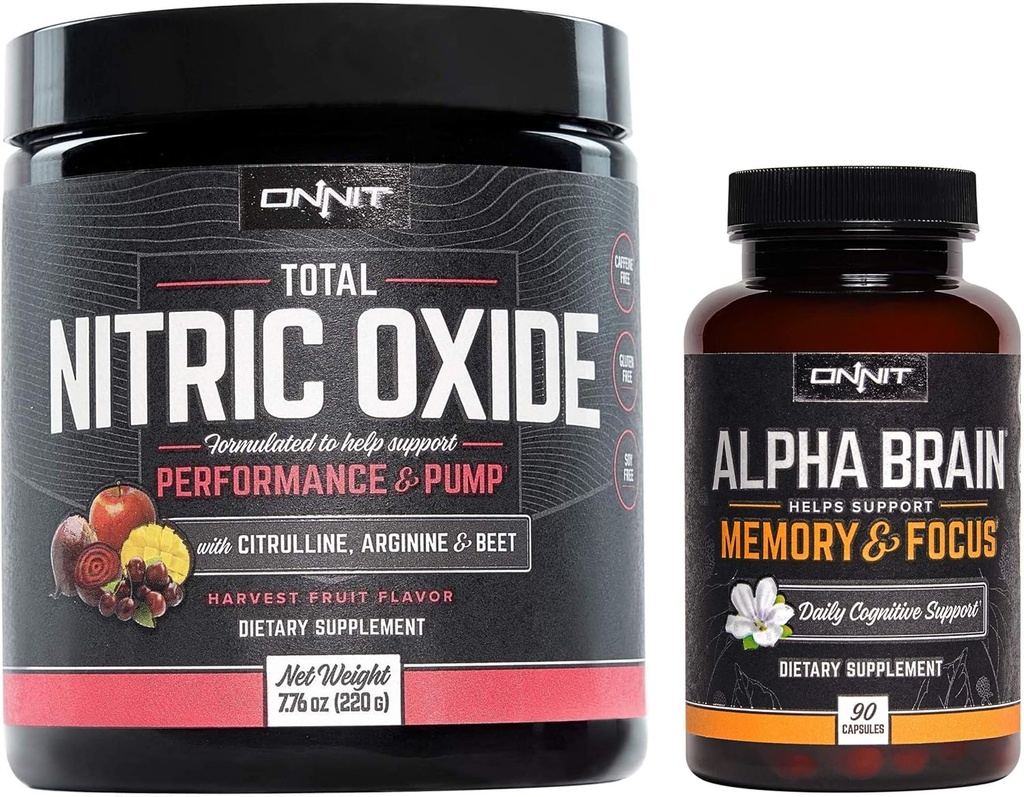 ONNIT Nootropic + Preworkout Stack - Alpha Brain (90ct) + Celkový oxid dusnatý (Harvest Fruit)