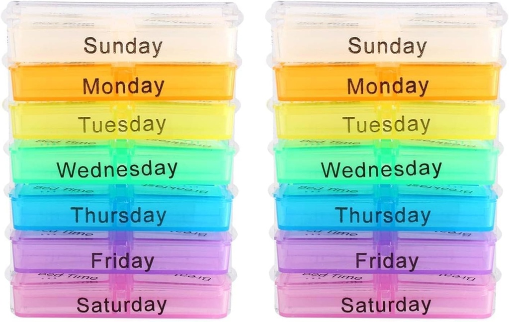 Pill Dispenser, 2 PCS pilulky Organizátor 4 časy denne, 7 deň pilulky Box Prenosné cestovné pilulky Prípad Stackable Compartments Osobná medicína Organizátor pre vitamíny rybie oleje Tabletky Doplnky
