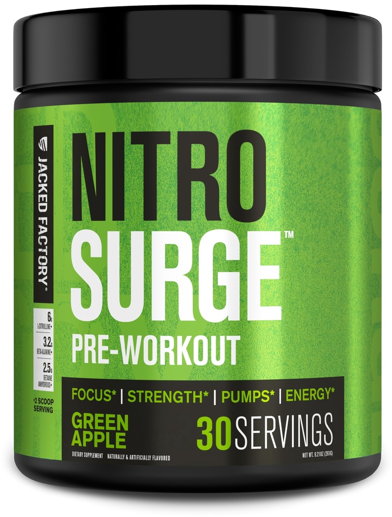 Jacked Factory NITROSURGE Pre Cvičenie Supplement - nekonečná energia, okamžitá sila Zisky, jasné zameranie, intenzívne čerpadlá - NO Booster & Výkonný preworkout Energy Powder - 30 Servings, Green Apple