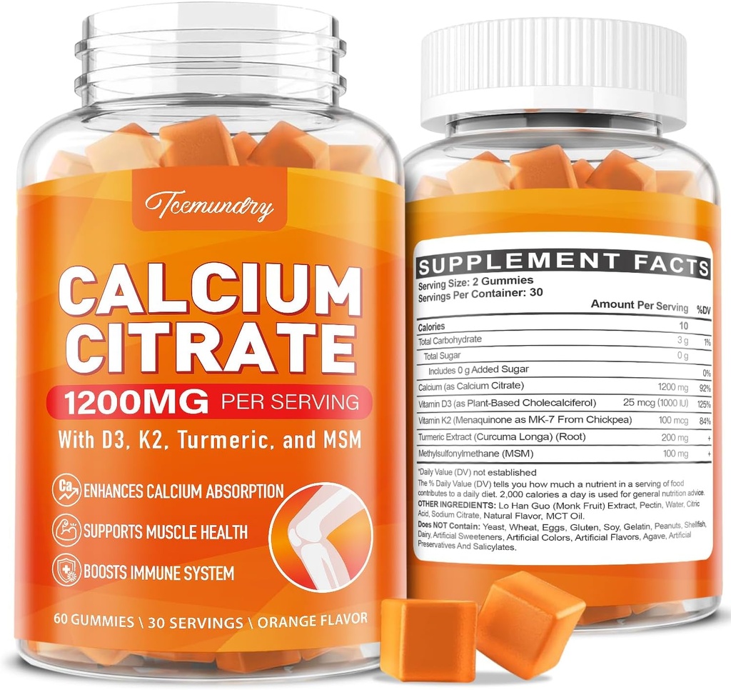 Vápnik 1200 mg s vitamínom D3 doplnok Gumičky pre dospelých: Ultimate Absorbtion Calcium Citrate with Vitamin D3 K2, Turmeric Extract, MSM for Women Men