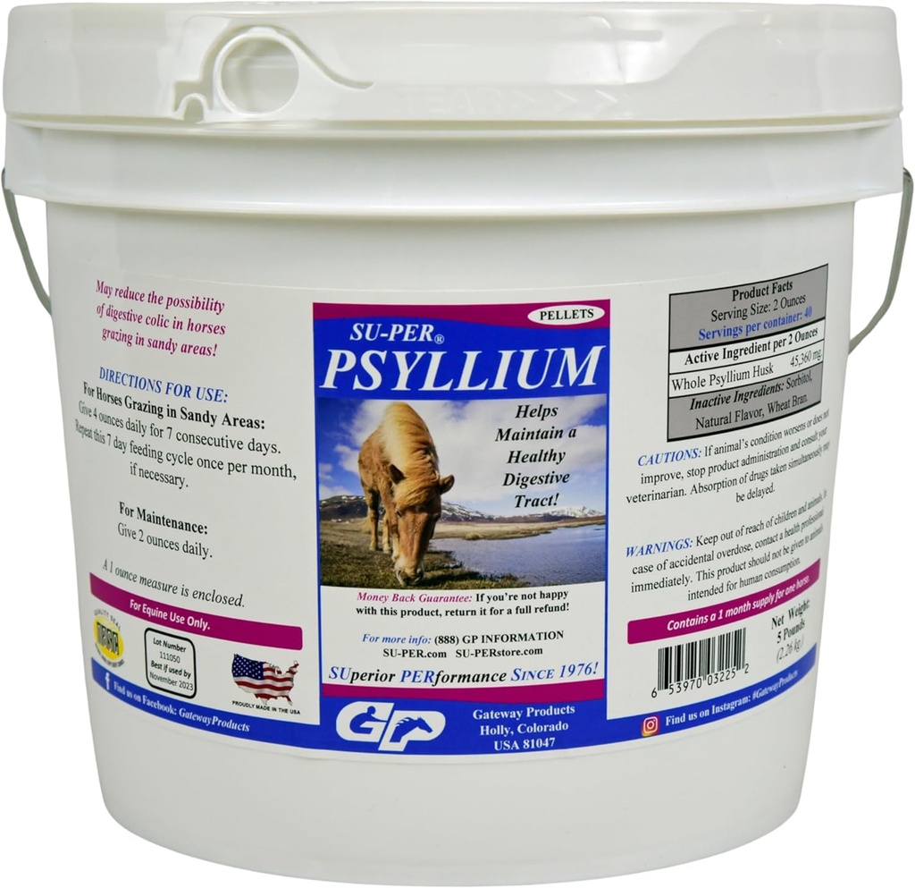 SU-PER Psyllium Pellets Equine Supplement - Udržuje zdravý tráviaci trakt u koní - podporuje odstránenie piesku a štipky z sietnice Tract - 5 libra, 1 mesiac dodávky