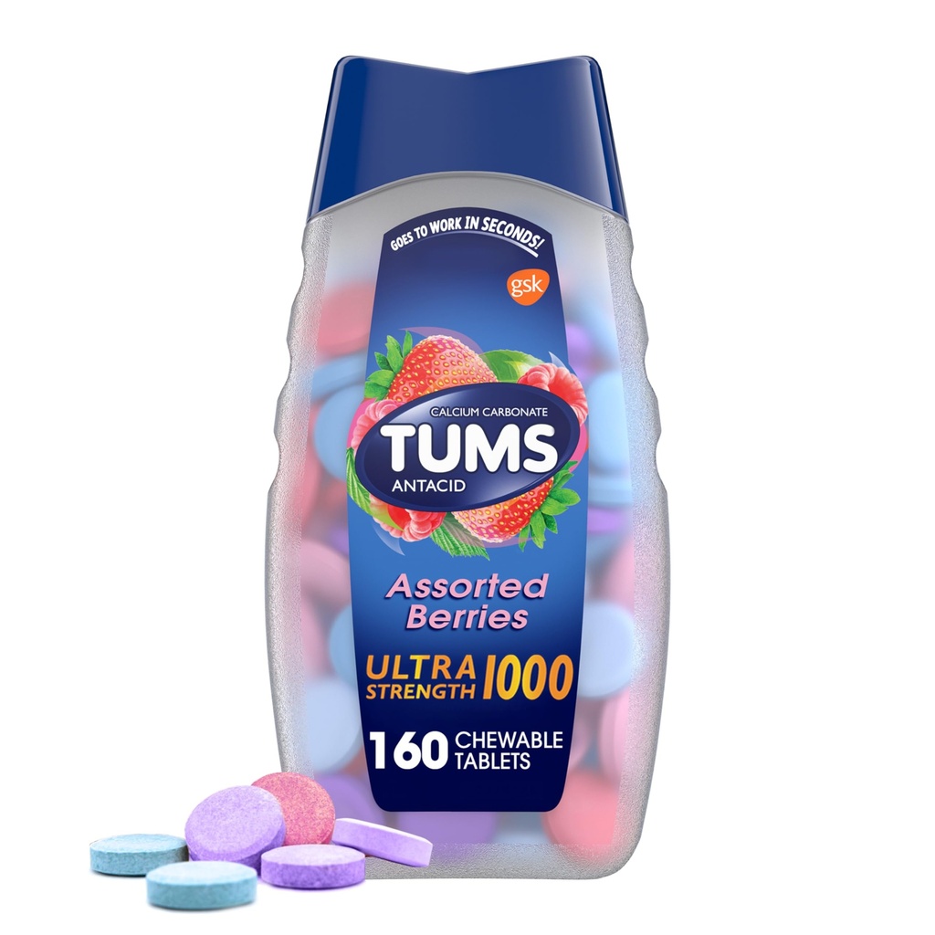 TUMS Ultra sila Žuvacie antacidá Tablety na úľavu od pálenia záhy a úľavu od trávenia kyseliny, rozmanité bobuľové plody - 160 Počet