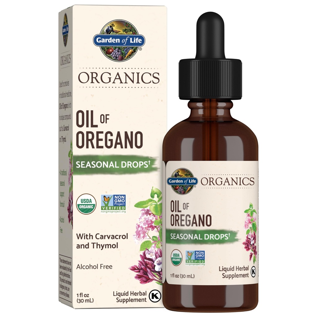 Záhrada života Organics Oil of Oregano Seasonal Drops 1floz (30 ml) Liquid, Concentrated Plant Based Immune Support - Alkohol-free, Organic, non-GMO, Vegan & Gluten Free Herbal Supplements