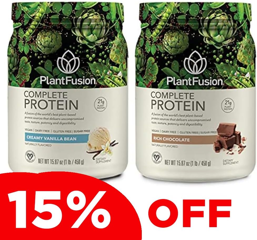 PlantFusion Complete Plant Based Pea Protein Powder Bundle, Non-GMO, Vegan, Dairy Free, Gluten Free, Soy Free, Allergy Free w/Digestive Enzymes, Dietary Supplement, Vanilla Bean and Chocolate 1 libra
