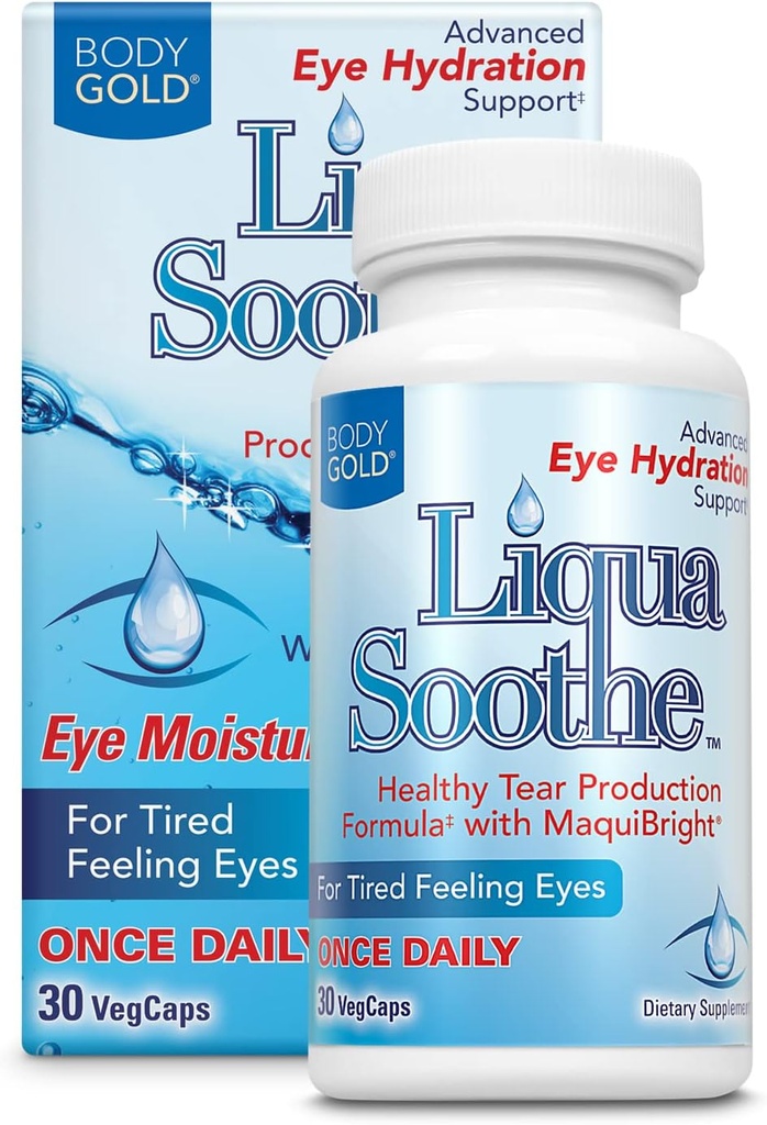 Body Gold Liqua Soothe Eye Health Supplement, Healthy Tear Production Formula pre suché, unavené pocity oči, w/MaquiBright, vitamín A, luteín a kyselina hyalurónová, 60 dní záruka, 30 Serv, 30 VegCaps