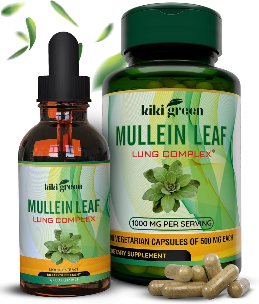 KIKI Green Mullein Kapsule & Liquid Drops Bundle - Mullein Leaf Extract Supplements, 90 Kapsule + 2 fl oz - pre podporu dýchania a imunity, Lepšia funkcia pľúc, Čistenie pľúc a úľava