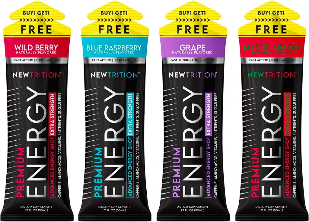 NewTrition® Extra Strength Energy Shots, 250mg Kofeín Energy with Vitamin B & Amino Acides, Sugar-free Vitamin Energy Shot, Zero Calorie Focus & Stamina Booster, 1.7 fl oz (Stock of 4, 4 flavors-Mixed-1)