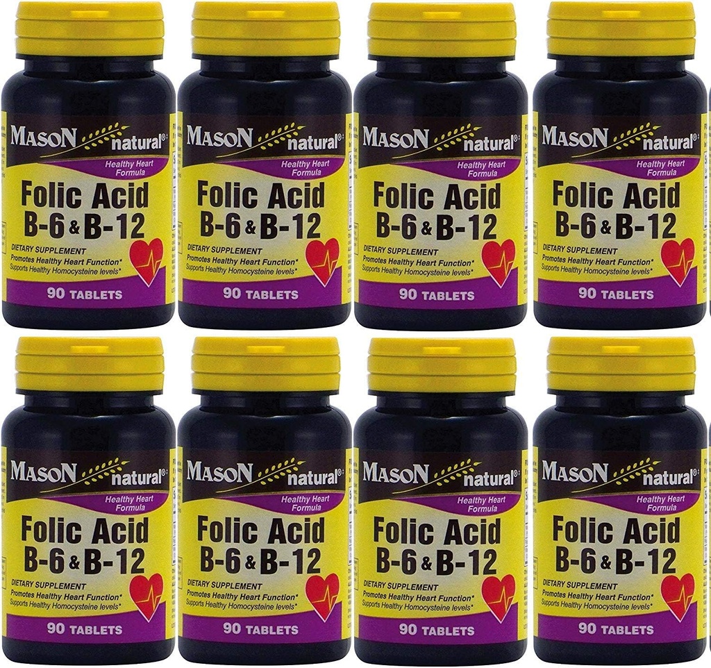Mason Vitamíny Kyselina listová B-6 & B12 Zdravie srdca Vzorec 90 Tablety na fľašu Balenie 8 Celkom 720 tabliet