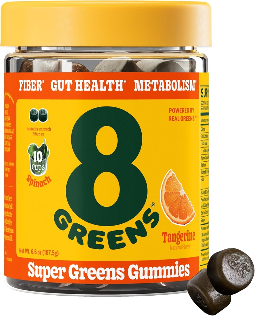 8Greens Fiber Super Greens Gummies  Tráviace zdravie, Boost imunitný systém a tráviace zdravie s 8 skutočné zelené - Non-GMO vzorec, Gummy, Tangerine chuť, 50 Počet