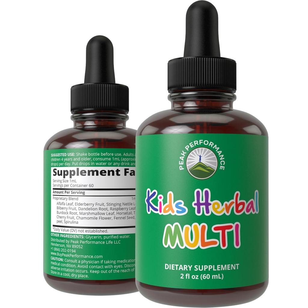 Deti vitamíny z bylín. Tekuté deti bylinný multivitamín. Bez horkej chuti. Bez cukru 14-v-1 Vegan doplnok kvapky pre batoľatá, deti, dospievajúci. Zmiešaný vo vode Nebudú ani ochutnať