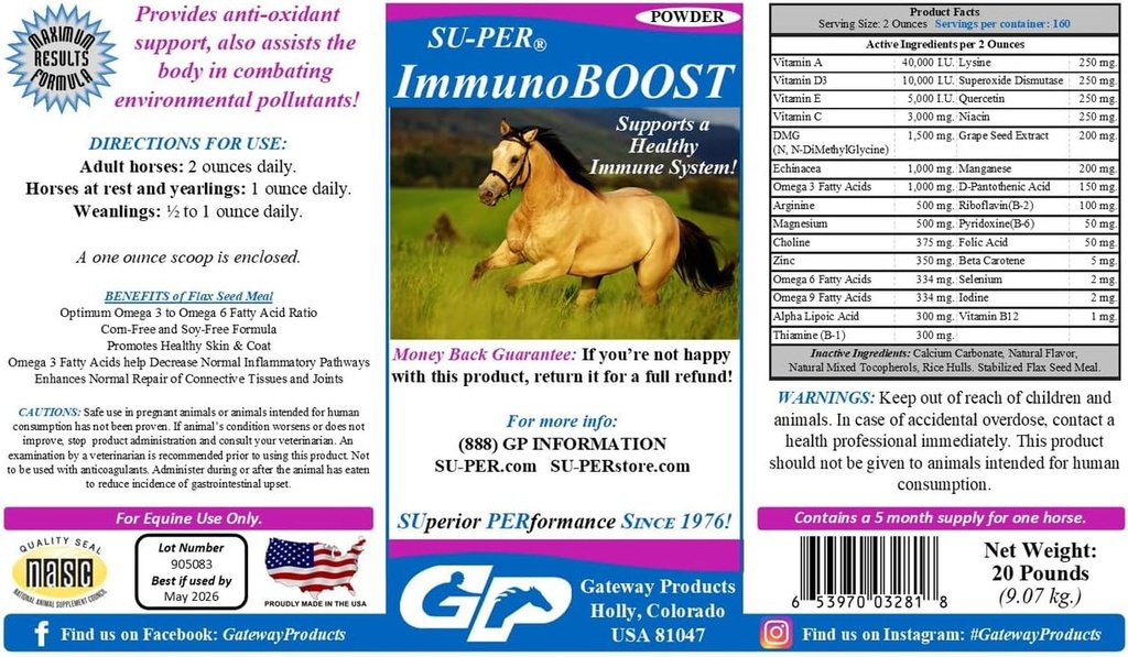 SU-PER ImmunoBOOST Horse Anti-Oxidant Supplement - Supports Imunity System & Nutritional Deficit - Vitamíny E & C, Extrakt z hroznových semien, rastlinné extrakty - 20 libier, 5 mesiacov