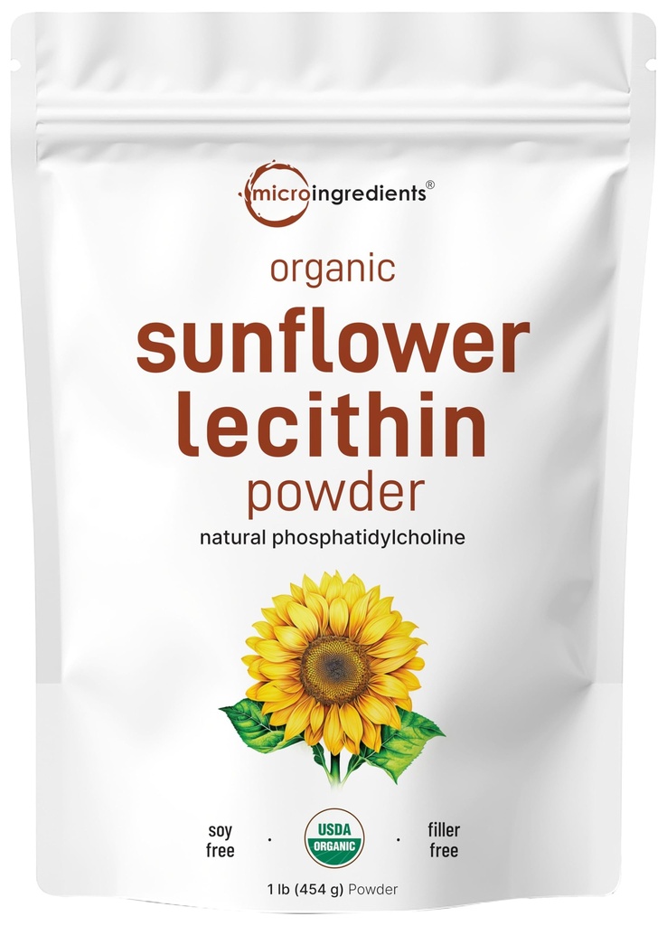 Micro Ingrediencie Organický slnečnicový lecitín prášok, 1 libra, Trvalo udržateľný Farmed, Cold Pressed, Bohatý na fosforečný cholín a bielkoviny, Tvorba Lipozomálne vitamín C, Laktačné doplnky, non-GMO