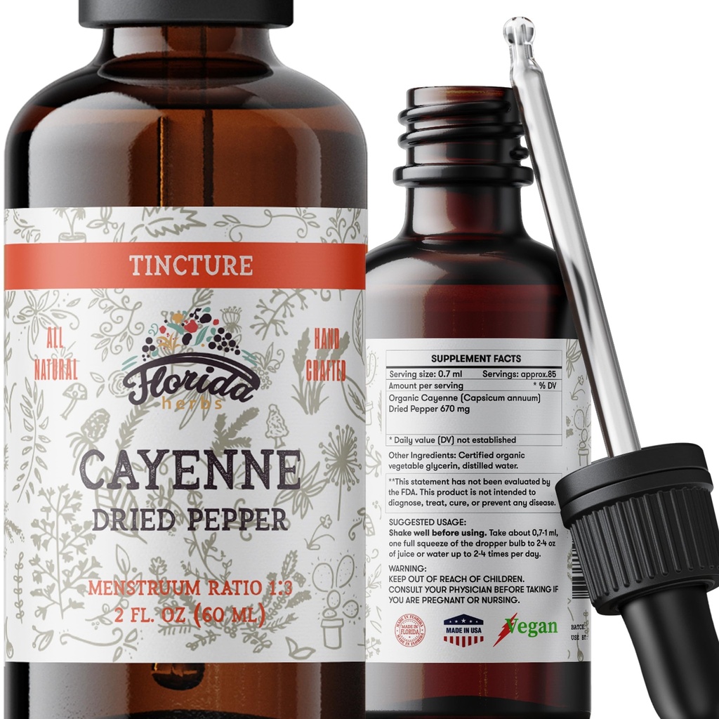Cayenne Tinture Extract, Organic Cayenne (Capsicum annuum) Sušená paprika - Rastlinný glycerín - Non-GMO - 2 oz