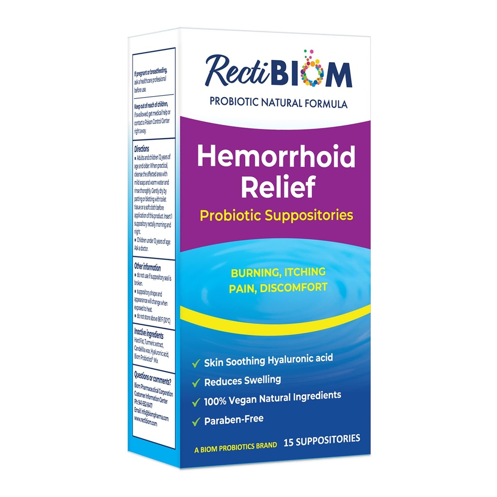 RectiBiom Probiotické hemoroidy Relief Predpoklady s kožou upokojujúce prírodné zložky, rýchla úľava. Kyseliny hyalurónové a kurkumové extrakty, vegánová, bezlepková formulácia