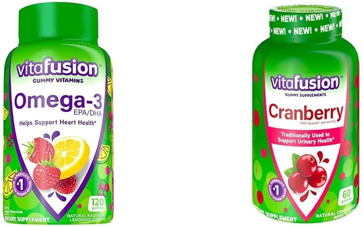 Vitafusion Omega-3 Heart Health Gummy Vitamíny s brusnicové Gumies pre ženy, 120 gróf Omega 3 EPA/DHA Berry Lemonade a 60 gróf 500mg Cranberry Juice Concentration per Serving