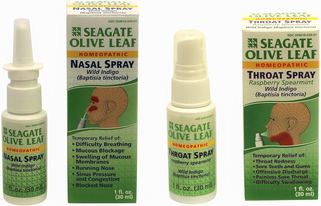 Seagate Products, Olive Leaf Nasal and Raspberry Spearmint Troat Spray Combo Pack (2Pack), Products
