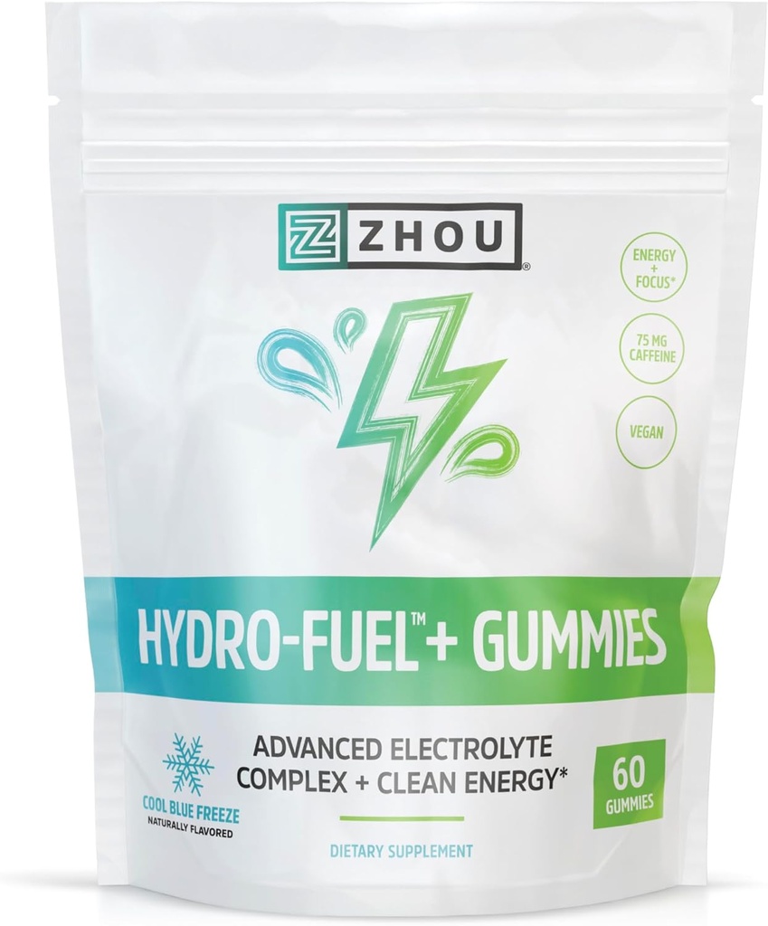 Zhou Nutrition Hydro Fuel+ Gumičky - Elektrolytové Gummy pre hydratáciu, Pokročilé žuvačky s elektrolytovým komplexom a 75 mg kofeínu pre čistú energiu, Hydratačné doplnky - 60 Veganské žuvy