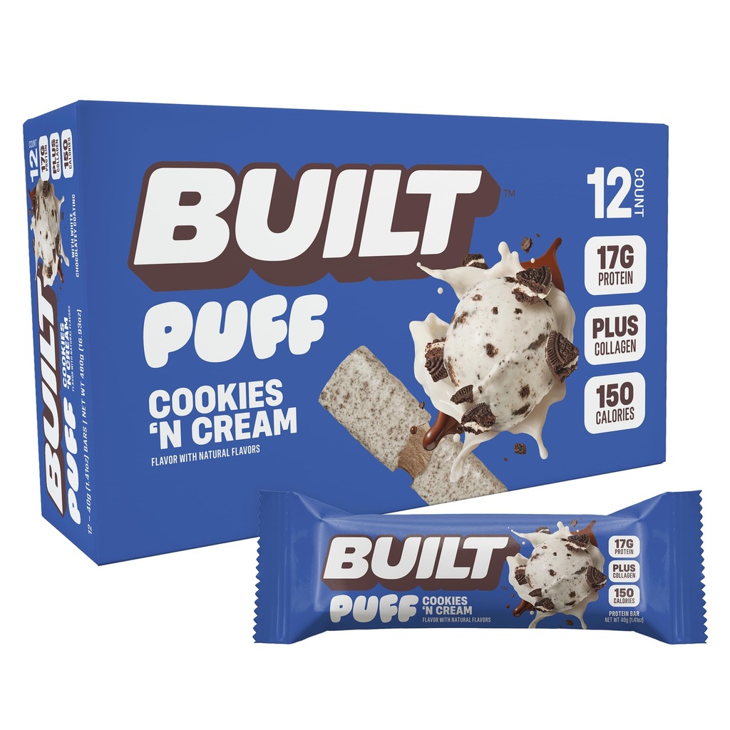 Postavený bar, Puff Protein Bars, Cookies 'N Cream Puff, 17g Bielkoviny Snacks, On-The-Go Bars, Iba 140 kalórií, 7g Cukor, Kolagén, Nie je lepok bez, 12 Počet