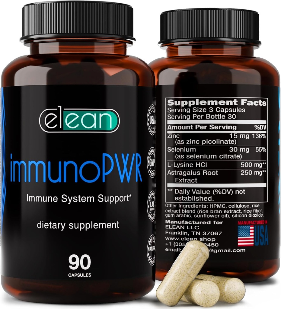 ELEAN Immuno PWR- obohatené o zinok, selén, aminokyseliny Lyzín a Astragalus Root extrakt pre kolagénovú syntézu, štítnu žľazu zdravie, podporu minerálov, energiu a imunitné zdravie 90 Veg kapsuly.