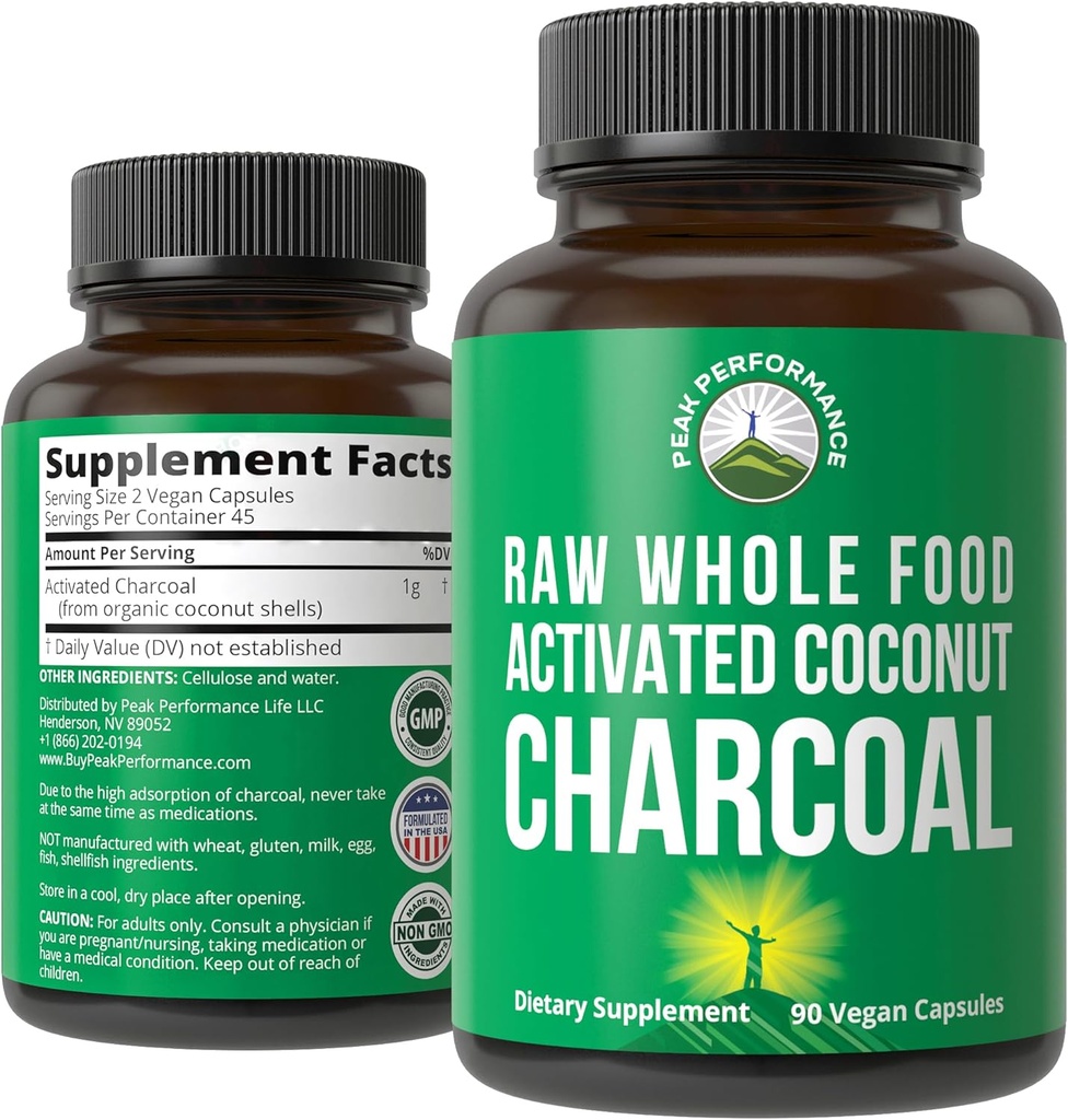 Vrcholový výkon Aktivované Charcoal Vegan Kapsule z Wild Harvested Coconut Shells. Najlepšie bezpečné Charcoal Tablety Doplnky pre Detox, Relief plynu, Bloating. pre mužov a ženy 90 Všetky prírodné tablety