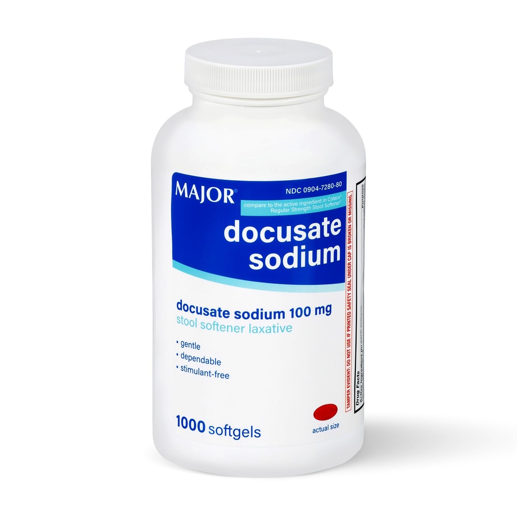 MAJOR Docusate Sodík 100mg, Stolový zmäkčovač pre príležitostnú úľavu od zápcha - jemný, závislý, bez stimulantov, 1000 Softgels